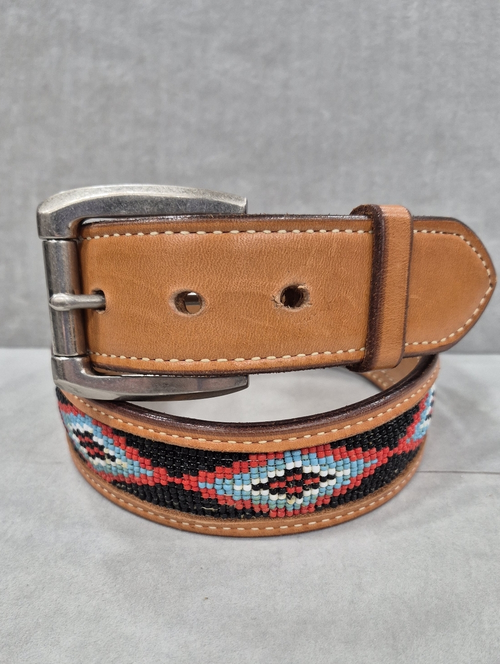 Vtg Champion belt men's 32 brown thick leather beaded equestrian snap on buckle